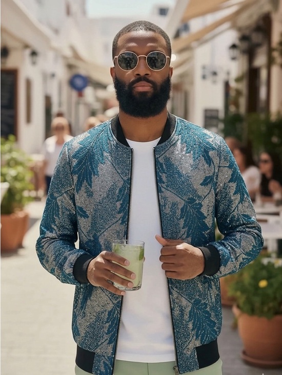 Barabas Other - BARABAS Metallic Blue & Silver Floral Jacquard Bomber Zip Up Jacket - Size Small